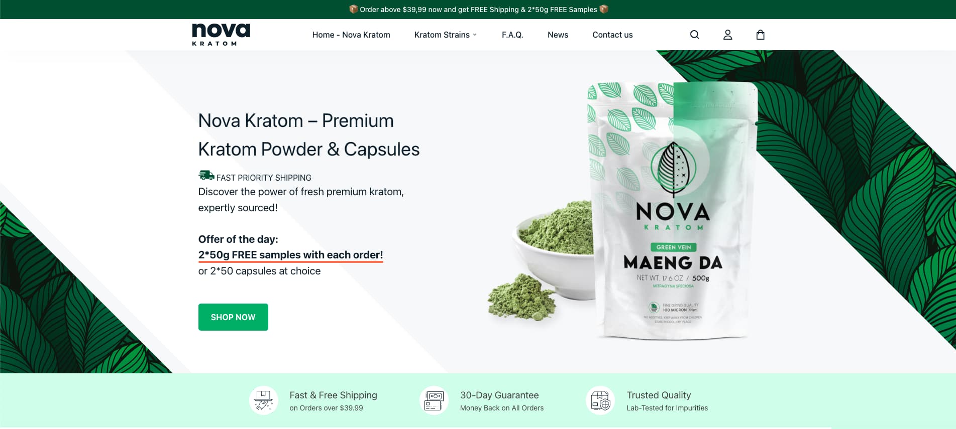 Nova Kratom product lineup featuring powder bags and capsule bottles in various strain varieties